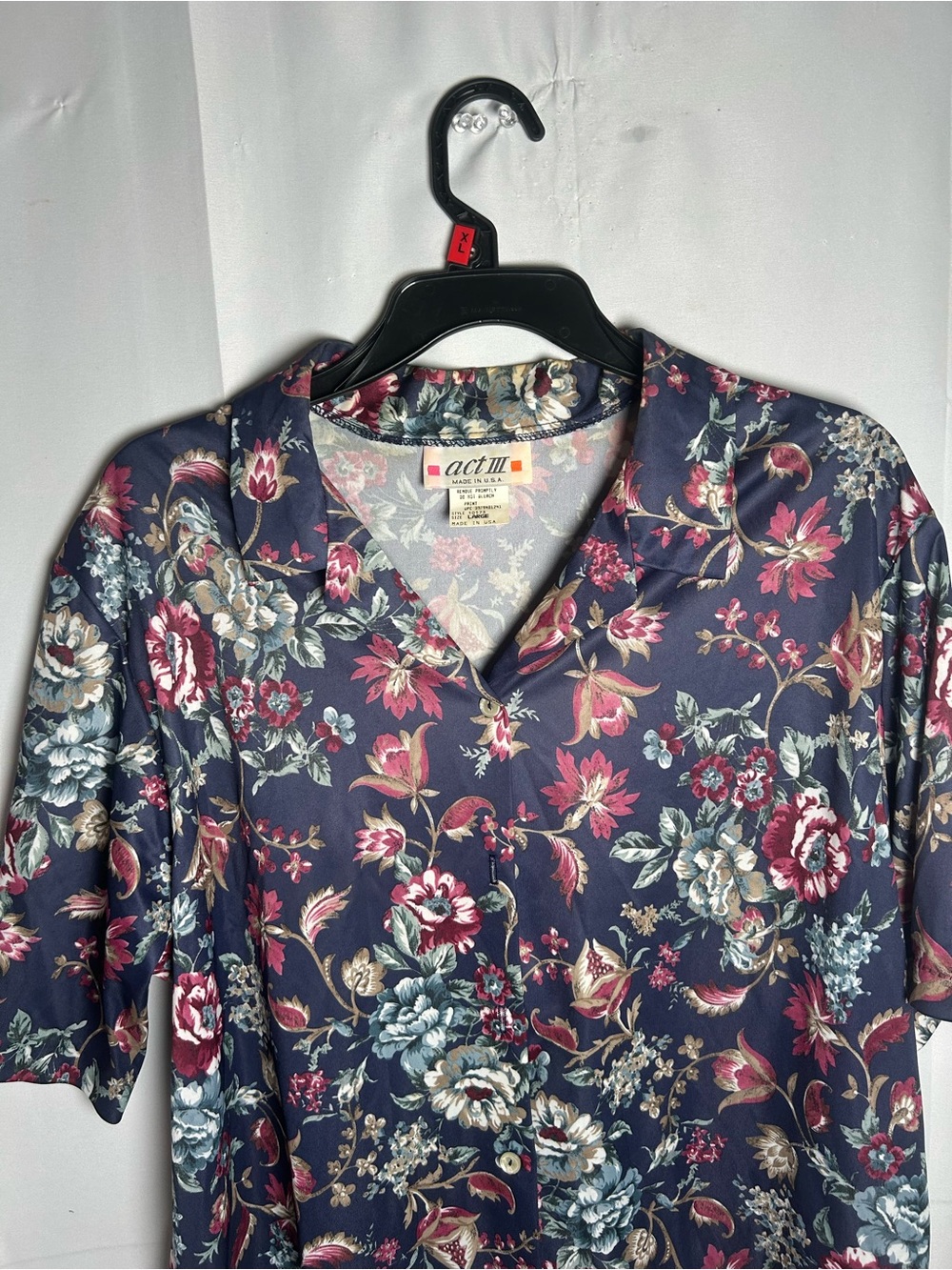 Act III Navy Floral Collared Blouse with Pink & Cream Blooms